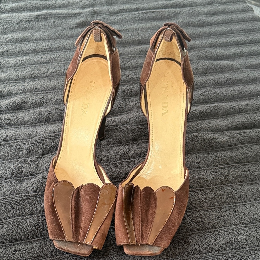 Prada Brown Suede Peep-Toe Heels